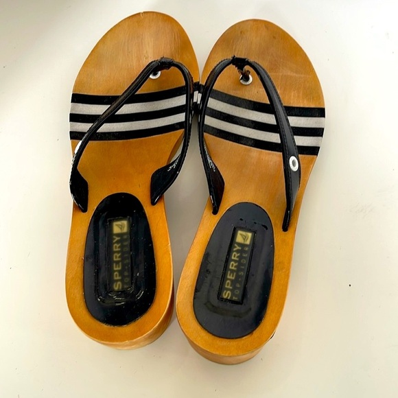 Sperry Top Sider Black and Tan Striped Wooden Sandals Size 7 Flip Flop Slip On - Picture 4 of 14